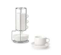 MALACASA Série REGULAR, Lot de 4 Tasses à Café pour 4 Personnes, 90 ml, Service à Café Empilable avec Soucoupe et Support en Métal，Idéal pour Expresso, Cappuccino, Latte, Moka et Thé, Blanc