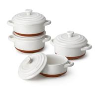MALACASA Série TARA.BAKE, Mini Cocottes avec Couvercles en Porcelaine, Petits Ramequins 440ml Individuelles, Plats à Four Rondes avec Poignées 4 Pièces pour Soufflé, Crème Brûlée, Gâteau, Lasagnes