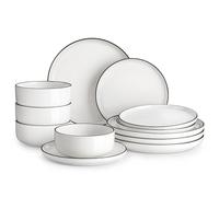 MALACASA Service de Table 12 Pièces en Porcelaine avec Assiettes et Bols - Service de Table en Céramique pour 4 Personnes - Blanc avec Bord Noir - Série LUNA
