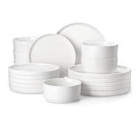 MALACASA Service de Table 6 Personnes, LEAH 18 Pièce Service Vaisselle en Porcelaine Blanche - 6 Assiettes Plates, 6 Assiettes à Dessert et 6 Bols à Céréales, Design Élégant et Moderne