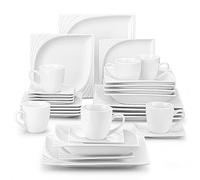 MALACASA Service de table carré en porcelaine 30 pièces pour 6 personnes avec 6 tasses, 6 assiettes, 6 assiettes à dessert, 6 assiettes creuses, 6 assiettes plates, collection Monica