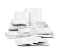 MALACASA Service de Table pour 12 Personnes, FLORA 52 Pièces Service Vaisselle en Porcelaine Carré - 12 Assiettes Plate, Assiettes Dessert, Assiettes Creuse, Bols et 4 Assiettes Rectangulaires, Blanc