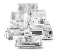 MALACASA Service de vaisselle en porcelaine, gris marbre carré, 30 pièces avec 6 tasses à café, 6 assiettes à dessert, 6 assiettes plates et 6 assiettes creuses pour 6 personnes, série BLANCE