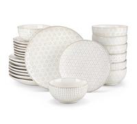 MALACASA Services de Vaisselle en Grès pour 8 Personnes, 24 Pièces Blanche Assiettes Service de Table, contient Assiettes Plates/Creuses/Bols - Série LYDIA