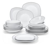 MALACASA Vaisselle ELISA-BT, Service Complet de Table, 24 Pièces pour 6 Personnes avec Bord Noir - Gris Blanc
