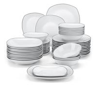 MALACASA Vaisselle ELISA-BT, Service Complet de Table, 48 Pièces pour 12 Personnes avec Bord Noir - Gris Blanc