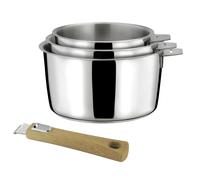 CUISINOX - Malice - 3 casseroles 16/18/2 cm (1.5L, 2L, 3L) tout inox avec poignée effet bois clair - Fond sandwich - Compatible tous feux - Acier Inox 18/1 - Finition brillant - Poignée Amovible
