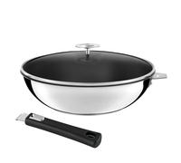 CUISINOX - Malice - Wok 28 cm avec revêtement céramique, couvercle et poignée noire - Fond sandwich - Compatible tous feux dont induction - Acier Inox 18/1 - Finition brillant - Poignée Amovible