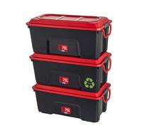Malle de rangement plastique LOCKER 75L - Lot de 3, couvercle à verrous, poignées, empilable - Noir/Rouge