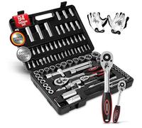 Mallette à outils 94 pièces acier CV 1/4' + 1/2' Coffret de transport jeu de douilles ouille tournevis à cliquet