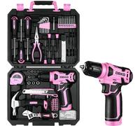 Mallette à outils complète, 126 pièces, de couleur rose, comprenant une visseuse sans fil de 8V et une lampe LED