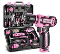 Mallette à outils complète, contenant 133 pièces, avec une visseuse sans fil 12V pour usage domestique et travaux de bricolage, de couleur rose
