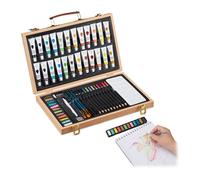 Mallette dessin Relaxdays 56 pièces en bois, gomme, taille-crayon, crayons couleur et graphite, aquarelles, naturel