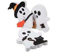 MALUGOGO 3 Pièces Décoration de Table Fantômes Chat et Balai Halloween en Bois Plateau à Plusieurs Niveaux Accessoire Photobooth pour Fête Bureau