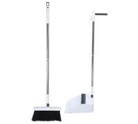MALUGOGO Ensemble balai à long manche et pelle à poussière pliable en blanc élégant avec poignée en acier inoxydable de 91 cm, brosse rotative à 180 degrés, dents de peigne et prise en main