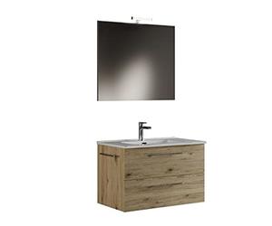Mama Store Era 80 Meuble de Salle de Bain Suspendu 80 cm chêne Naturel avec lavabo, Miroir et Lampe LED, L.81 x P.47, Bois, Quercia Naturale, L. 81 X P. 47 X H. 53 CM