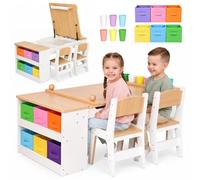 Table d'activité pour enfants Mamabrum avec 2 chaises, plateau rabattable et espace de rangement, comprenant un rouleau de papier, 6 boîtes en tissu et 6 gobelets en MDF