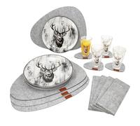 MamboCat Alois Lot de 20 pièces de table gris clair I 4 assiettes, verres, sets de table, dessous de verre et porte-couverts en feutre I Couverts pour 4 personnes I Décoration de table