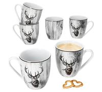 MamboCat Alois Lot de 6 tasses à café, 350 ml, en porcelaine, avec anse et décor cerf, pour 6 personnes, pour boissons chaudes comme le thé, le cacao, etc