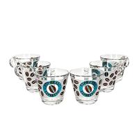 MamboCat Cremona Lot de 6 tasses à expresso en verre avec anse - Bleu - 60 ml - Aspect verre dépoli avec grains d'expresso et inscription - Alternative pour Lungo, Americano, Ristretto & Co