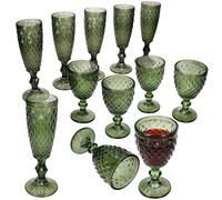 MamboCat Diamond Lot de 12 verres à vin et 6 flûtes à champagne I Verre vert à facettes I Ensemble de verres pour vin, prosecco et champagne I pour les fêtes, Noël, etc.