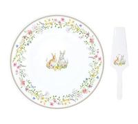 MamboCat Happy Easter Plateau à gâteau avec pelle à tarte I Assiette à gâteau ronde en porcelaine pour biscuits, cake pops, cupcakes, etc. I Assiette à pâtisserie et pelle à gâteau pour Pâques avec