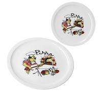 MamboCat Lot de 2 assiettes à pizza Mario XXL I Ø 33,5 cm I pour 2 personnes I Grandes assiettes à pizza blanches en porcelaine avec motif boulanger à pizza I Pour pizzas ou pour servir I Grandes