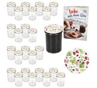 MamboCat Lot de 25 bocaux en verre de 230 ml avec 66 couvercles à visser - Fraise - Bocaux de conservation + livret de recettes en sucre diamant - Bocaux de conservation