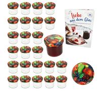 MamboCat Lot de 25 bocaux en verre pour conservation de confiture avec couvercle à motif de fruits to 66 - Capacité : 125 ml Livre de recettes Diamant-Zucker inclus (français non garanti).