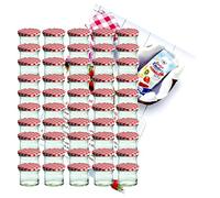 MamboCat - Lot de 50 bocaux en verre incassable - Contenance de 125 ml - Couvercle To66 à carreaux rouges et blancs - Idéals pour confiture Livre de recettes de Diamant-Zucker inclus (français non garanti).