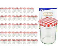 MamboCat Lot de 50 bocaux en verre, pots à confiture, avec couvercles à carreaux rouges et blancs, TO66, 230 ml, avec livret de recettes de la marque de sucre gélifiant Diamant (version allemande)