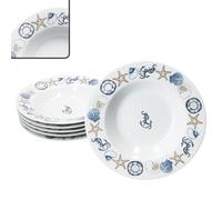 MamboCat Neptun Lot de 6 assiettes creuses I 180 ml I Assiettes en porcelaine avec motifs maritimes ancres, coquillages et autres pour 6 personnes I Assiettes creuses pour salade, soupe, céréales