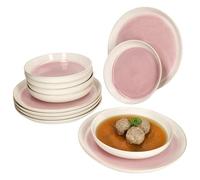 MamboCat Reactive Glaze Paris Service de table 12 pièces - Crème et rose - Vaisselle en grès pour 6 personnes - 6 assiettes creuses à soupe de 400 ml et 6 assiettes plates