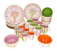 MamboCat Service de brunch Tropicana - 24 pièces - En grès - Motif palmiers | Grès pour six personnes, petit-déjeuner et brunch, assiettes, bols, tasses à café et tasse à yaourt, en orange