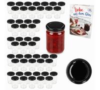 MamboCat Set 50 pots hauts Contenu 230 ml avec couvercle noir To 66, livre de recettes inclus Diamant Gelierzauber Idéal comme pot de confiture ou de conserve