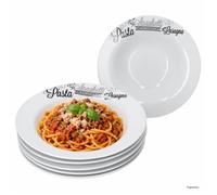 MamboCat Set de 6 assiettes à pâtes SPAGHETTI blanches avec décor et inscription en noir et gris en porcelaine