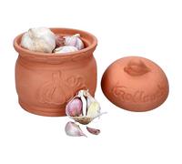MamboCat Terra Pot à ail en terre cuite - Diamètre : 12,8 cm - Pot en argile avec couvercle pour votre cuisine - Boîte de rangement élégante avec relief et inscription - Idéal pour le stockage