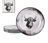 MamboCat Toro Lot de 6 assiettes plates I Ø 26,5 cm I Assiettes plates en porcelaine blanche et rose avec motif vache pour 6 personnes I Grandes assiettes de style maison de campagne pour les repas