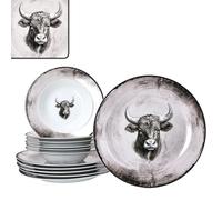 MamboCat Toro Service de table 12 pièces I Vaisselle en porcelaine blanche et rose avec motif vache pour 6 personnes I 6 assiettes creuses de 200 ml et 6 assiettes plates pour le petit déjeuner, le