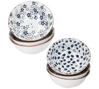 MamboCat Totto Lot de 6 bols en grès avec décor floral et feuilles Bleu foncé, blanc et bord marron Ø 21 cm I Bol de service en relief pour soupes, ramen et grandes portions