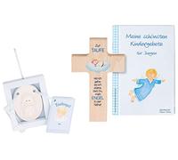 MaMeMi Coffret cadeau de baptême pour garçon - Avec croix en bois de 15 x 9 cm, livre de prière et ange gardien - Coffret cadeau de baptême bleu - Cadeau religieux de baptême de baptême