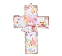 MaMeMi Croix de baptême pour fille - Croix murale en bois pour enfant avec fille en prière et ange gardien - Environ 15 x 10,5 cm - Avec livre de prière - Cadeau chrétien pour baptême en Italie