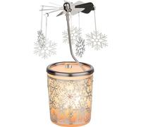 MaMeMi Lanterne de Noël en Verre avec Carrousel Étoiles - 15 cm - Photophore Bougie Chauffe-Plat avec Rotation - Blanc & Argent - Décoration de l’Avent