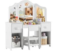 MAMIZO Coiffeuse Enfant 2 en 1 Bureau avec Miroir Tabouret et 2 Boîtes de Rangement Bois Blanc 108x30x114 cm