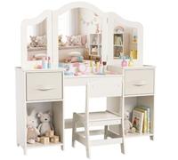 MAMIZO Coiffeuse Enfant avec Miroir et Tabouret, 2 en 1 Bureau Enfant Fille | Coiffeuse pour Enfants en Bois avec 2PCS Boîte de Rangement, 108x30x114 cm Bureau pour Enfants, Crème