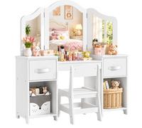 MAMIZO Coiffeuse Enfants avec Miroir, pour Crèches et Jardins d'enfants | Coiffeuse pour Enfants Fille avec Tabouret, Ensemble de Bureau Enfant avec 2PCS Boîte de Rangement, 108x30x114 cm, Blanc