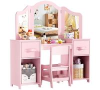 MAMIZO Coiffeuse pour Enfants 2 en 1 avec Miroir et Tabouret | Coiffeuse en Bois avec 2PCS Boîte de Rangement, Bureau Enfant Fille, pour Crèches et Jardins d'enfants, 108x30x114 cm, Rose