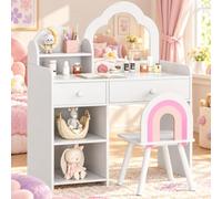 MAMIZO Coiffeuse pour Enfants 2 en 1, avec Miroir et Tabouret | Coiffeuse Enfant Fille avec Tiroirs et Armoires de Rangement, pour Filles et Garçons, Bureau Enfants, 73,5x40x90,5cm, Blanc
