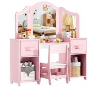 MAMIZO Coiffeuse pour Enfants 2 en 1, Coiffeuses en Bois avec Miroir | Coiffeuse pour Fille avec Tabouret, Ensemble de Bureau Enfant, avec 2PCS Boîte de Rangement, 108x30x114 cm, Rose - Blanc