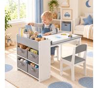 MAMIZO Table Enfant avec 2 PCS Chaises, Bureau Enfant en Bois, Chaise Bureau pour Chambre, Table de Jeu avec Espace de Rangement pour Fille Garcon 3+ Ans (Gris Blanc)